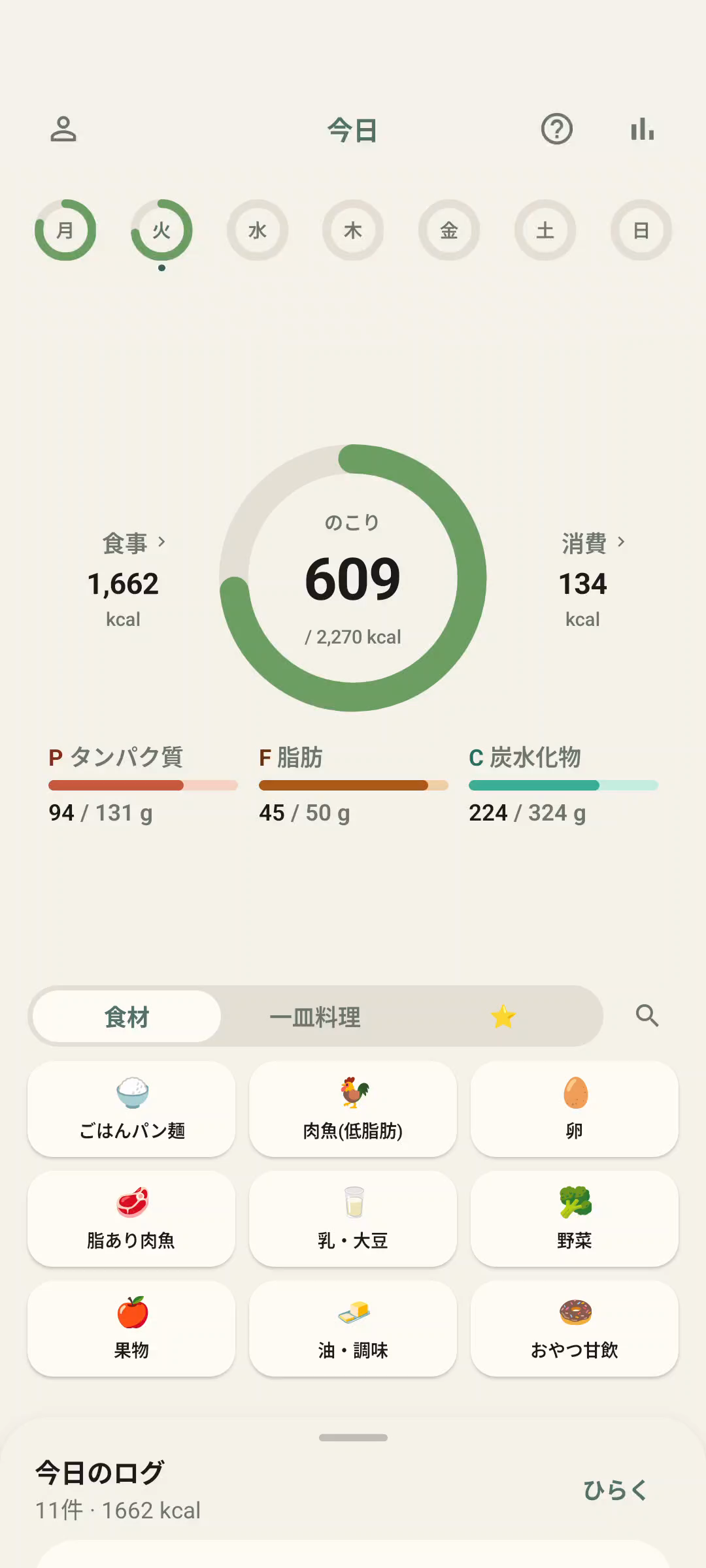 Hachibu アプリのホーム画面。今日のカロリーとPFCバランスをひと目で確認できる。